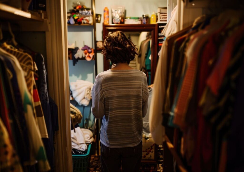 Dark Academia Outfit Post - A messy closet scene featuring a person facing a disorganized space filled with clothes and various items, creating an intimate atmosphere